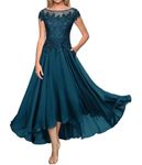 HYEC7 Lace Appliques Mother of The Bride Dress A Line Chiffon Evening Formal Dress Short Sleeve Teal Blue