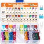 JOREST 60Pcs Car Fuse Assortment Kit - Replacement for Car/RV/Truck/Motorcycle(2Amp 3A 5A 7.5A 10A 15A 20A 25A 30A 35A 40A) - 30 Mini Blade Fuses Automotive + 30 Standard Auto Fuses + Fuse Puller