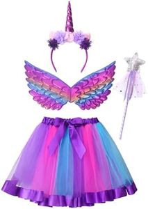 Clundoo Deguisement Licorne Fille Princess Enfant, Jupe tutu Licorne avec Ailes, Coiffe de Licorne, Baguette de Fée, pour fête d'anniversaire, Halloween, Carnaval, Licorne (La couleur violette)
