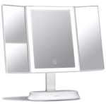 Fancii Large Makeup Mirror with Natural LED Lights, Lighted Trifold Vanity Mirror with 5x & 7x Magnifications - Dimmable Lights, Touch Screen, Cosmetic Stand - Sora (White)