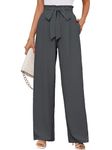 KORSIS Wide Leg Pants for Women Lightweight Waisted Adjustable Tie Knot Loose Comfy Casual Trousers with Pocket Grey