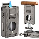 XIFEI All-in-one Cigar Lighter with V Cut Cigar Cutter, Cigar Punch, Cigar Stand, Cigar Draw Enhancer, Refillable Butane Lighter with Gift Box, Windproof Double Jet Flame Torch Lighter for Smoking