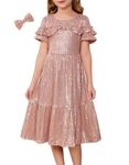 GRACE KARIN Girls Sequin Tiered Dress Sparkle Formal Party Birthday School Graduation Fancy Pageant Dresses Pink Gold 6-7 Years