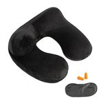 Inflatable Travel Pillow - 100% Soft Velvet Neck Support for Traveling, Airplanes, Trains, Cars, and Offices with Compact Carrying Bag, Breathable and Washable Cover, Ideal for Adult Sleepers -Black