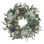 Valery Madelyn 18inch/45cm Pre-lit Christmas Wreath for Front Door, Frozen Winter Silver White Wreath with Pine Cone and Berry, Xmas Reef with Led Lights and Timer Function for Christmas Decoration