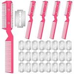 5 Pieces Hair Razor Comb for Dogs with 25 Extra Blades Manual Dog Hair Trimmer Comb Grooming Dog Cat Double Edge Razor for Dogs (Pink)