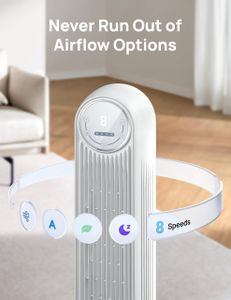DREO Silent Tower Fan, 20dB, 28 ft/s, 8 Speeds, Remote – White