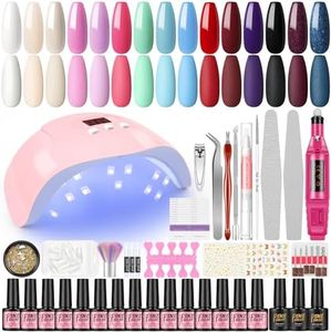 PEACECOLOR Gel Nail Kit with Nail Lamp Nail Drill for Nails 18 Pcs Gel Nail Polishes with Color Red Pink Nude White Blue Purple Soak off Gel with Nail Manicure Tools and Decoration for Nail Designs