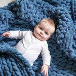 SAMIAH LUXE Blue Chunky Knit Blanket Throw 50x30; Knitted Throw Blankets for Boho Decor,Large Knit Blanket Chunky Yarn;Thick Knitted Blanket Chunky;Chunky Baby Blankets for Girls/Boys Crib or Nursery