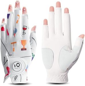FINGER TEN Golf Gloves Women Left Right Hand Leather with Ball Marker Value Pack, Colored Glove for Ladies Right Left Handed Golfer All Weather Grip (Half-Golf Party, X-Large, Left)