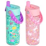 Elemental Splash Kids Water Bottle with Straw Lid & Fidget Popper Handle, Leak-Proof When Closed, 18oz 2-Pack Durable BPA Free Tritan Plastic Bottle Dishwasher Safe - Mermaid & Pink Unicorn