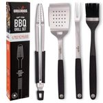 GRILLHOGS Heavy Duty BBQ Grilling Tool Set, Wood Tongs, Spatula with Bottle Opener and Serrated Edge, Barbecue Meat Fork, Perfect Accessories for Backyard Outdoor BBQ (4 Piece)