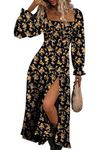 BLENCOT Women's Floral Square Neck Flounce Sleeve Dress Sexy Split Thigh Tie Front A-line Boho Maxi Dresses Black XL