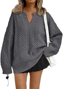 Trendy Queen V Neck Oversized Cable Knit Sweaters for Women Trendy 2026 Early Fall Fashion Outfits Clothes Cozy Pullover Cute Sweaters Tops Casual Winter Clothing Darkgrey L