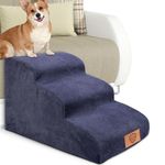 MASTERTOP Dog Stairs, 3-Steps Non Slip High Density Foam Pet Steps with Removable Cover, Waterproof Pet Stairs for Sofa, High Beds - Blue