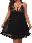 OYOANGLE Women's Plus Size Lace Bow Knot Floral Appliques Chemise Nightgowns Mesh Sheer Nightdress Black 4XL