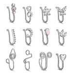 Finrezio 12Pcs Fake Nose Ring for Women Nose Cuff Clip On Nose Ring Adjustable Nose Cuffs Butterfly Heart Star Opal Fake No Piercing Nose Jewelry Faux Nose Rings