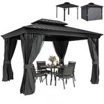 Outsunny 3 x 3.7m Outdoor Hardtop Gazebo Canopy Aluminium Frame with 2-Tier Roof & Mesh Netting Sidewalls for Patio, Dark Grey