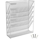 ABN Finest Wall Mounted Magazine File Rack - Paper, Letter, Document Holder - Mesh Organiser for Newspapers, Books, Stationery, Office Accessories - 5-Tier Storage System with Labels & Tray - Silver