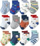 12 Pack Baby Non Slip Socks, Toddlers Kids Soft Cotton Crew Socks with Grippers Non-Skid Ankle Socks for Boys Girls Infant