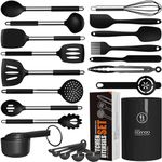 Large Silicone Cooking Utensils Set - Heat Resistant Kitchen Utensils Sets,Spatula,Spoon,Turner Tongs,Brush,Whisk,Stainless Steel Silicone Cooking Utensil for Nonstick Cookware,Dishwasher Safe (Black)