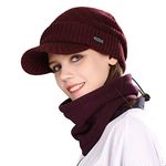 Winter Peaked Beanie Hat Men Wool Knitted Wooly Hats with Peak Visor Warm Golf Hats & Thermal Snood Fleece Neck Warmer for Ski Walking Burgundy M