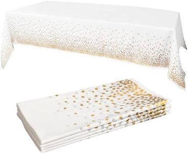 White Plastic Tablecloth - 4 Pack - 54 X 108 | Gold Dot Disposable Tablecloths | Plastic Tablecloth | White Tablecloths | Plastic Table Cover | Gold Tablecloths | Gold Party Decorations