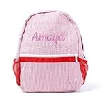 Embroidered Name Preschool Backpack Seersucker Backpack with Kids's Name Monogrammed Baby Book Bag Custom Seersucker Lunchbag (L,Red)