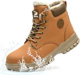 Winter Safety Boots Mens Womens Waterproof Safety Trainers Warm Fur Lined Steel Toe Cap Trainers Non-Slip Work Shoes, Brown, UK 8