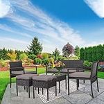 Outdoor Wicker Patio Furniture Set, 6-Piece Rattan Conversation Set, Bistro Sofa Set with Padded Cushion & Coffee Table for Outdoor & Indoor Patio Poolside Backyard Courtyard Balcony Garden, Black