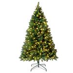 VeryMerry 7FT 'Snowhill' Pre Lit Christmas Tree with 400 Built-In Warm White LED Lights with Auto-Off Timer, 8 Lighting Modes and Foldable Metal Stand