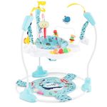 GYMAX Baby Jumperoo Activity Center, Baby Jumpers with 3 Adjustable Heights, Seat Cushion, Foot Pad, Developmental Toys, Music, Lights & Sounds, Toddler Bouncer for 6 Months+ (Light Blue)