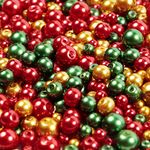 Merry Christmas Glass Pearl Beads 410 Pieces Mix of 4mm, 6mm and 8mm Pearl Beads in Red, Green and Gold Colours for Jewellery Making and Arts and Crafts