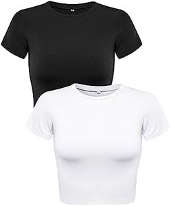 Allimy Womens 2-Pack Short Sleeve Teen Girls Ribbed Crop Tops Trendy Shirts White-Black L