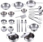 Hnvdkln 25Pcs Pretend Play Kitchen Cookware, Stainless Steel Cookware Playset, Kids Cookware Toys, Pretend Play Kitchen Set, Learning Cooking Set, Pots Pans Cooking Utensils Set for Kids