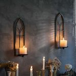 Wall Sconce Candle Holder (Set of 2) Black Gold Rustic Wall-Mount Metal Candle Holders Hanging Iron Wall Candle Sconce Holder for Living Room, Bathroom, Dining Room（Window Styling）