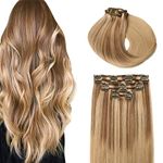 SURNEL Clip in Hair Extensions Human Hair Balayage Ombre Color 10 Fading to 27 Caramel Blonde With Color 27 Highlighted 6pcs 120g Remy Clip in Hair Extensions(#10/27/27,22")