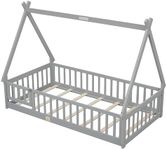 GarveeHome Grey Rectangular Twin Tent-Shaped Floor Bed, Playhouse Bed Frames, House Bed Frame with Roof, No Box Spring Needed, Twin Playhouse Bed for Kids Teens Boys Girls