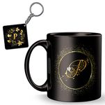 Cronkraft Ceramic Golden Frame With P Alphabet Letter Printed Mug + Keychain,Gift For Love,Birthday,Wife, Husband, Girlfriend Boyfriend,Kids,Brother,Sister On Birthday (P Alphabet), 300 Ml