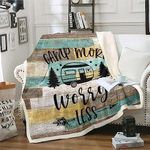 RV Camper Blanket 90"x90",Camping Throw Blanket Camping Decor,RV Travel Car Camping Fleece Blanket,Hand Drawn Wooden Plank Grunge Vintage Bed Blanket Camping Accessories for Inside Teal Yellow