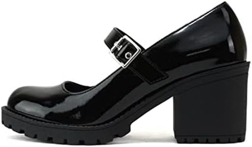 Soda “Eviana” ~ Women Mary Jane Round Toe Mid Chunky Block Heel Lug Sole Pump with Adjustable Strap, Black Patent, 7.5