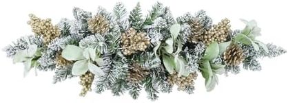 SHACOS 30" Christmas Swag for Front Door Snowy Spruce Christmas Swags with Gold Glitter Berries Pine Cone Flocked Lambs Ear Leaves Xmas Swag for Doors Window Wall Fireplace Mantle Indoor Outdoor