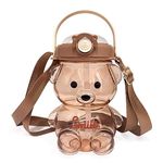 Bear Water Bottle with Straw Kawaii Cute Adjustable and Removable Shoulder Strap (1400mL, Brown)