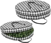 mDesign Round 36" Wreath Storage Container with Handles, Fabric Christmas Wreath Storage Bag, Protector, Garland Storage Bag Container, Holiday Decoration Organizer, 2 Pack, Buffalo Plaid Black/White