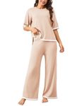 Voqeen Women's 2 Piece Outfits Sweater Set Half Sleeve Knit Pullover Top Wide Leg Pants Lounge Sets Tracksuits(Pink,S)