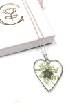 Handmade Forget Me Not and Queen Annes Lace Flower Keepsake Pendant and silver necklace. 13th Lace Anniversary gift (Silver Heart Forget Me Not Pendant)