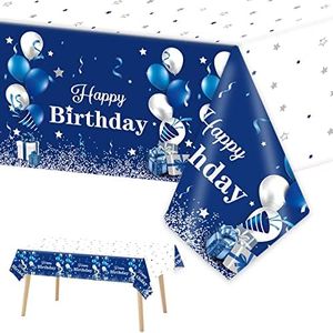 3 Pack Navy Blue Party Supplies Happy Birthday Tablecloths Disposable Rectangle Plastic Table Covers Blue and Silver Confetti Stars Tablecloths for Kids Boys Girls Birthday Party Decorations 54x108''