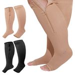 Hillban 2 Pair Plus Size Calf Zipper Compression Socks 15 to 25 Mmhg Open Toe Compression Stockings for Overweight Women Men, Black, Nude, 4X-Large