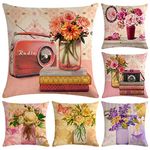 Faylapa 6 Pack Abstract Cartoon Flower Pillow Cases,Cotton Linen Decorative Cushion Cover (Flower with Vase)