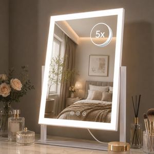 Telfun Lighted Makeup Mirror, Hollywood Vanity Mirror with Lights, Three Color Lighting Modes, and 5X Magnification Mirror, Smart Touch Control, 360°Rotation (44cm,White,Gift Box)